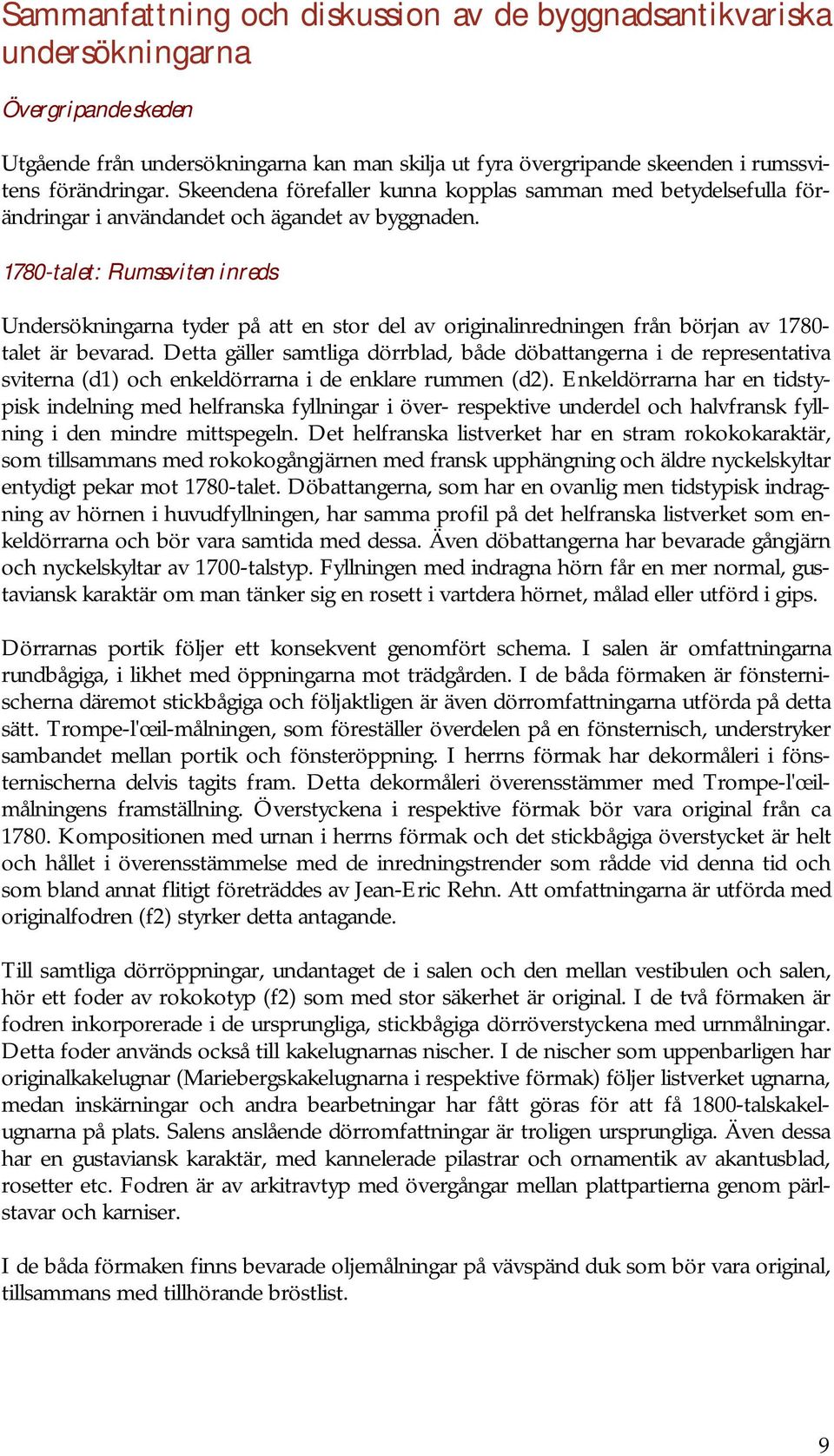 1780-talet: Rumssviten inreds Undersökningarna tyder på att en stor del av originalinredningen från början av 1780- talet är bevarad.