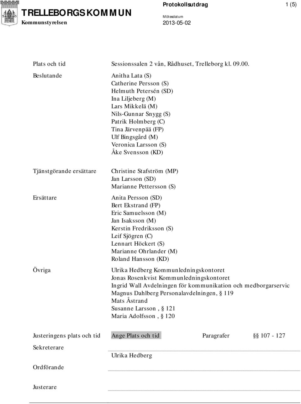 Larsson (S) Åke Svensson (KD) Tjänstgörande ersättare Ersättare Övriga Christine Stafström (MP) Jan Larsson (SD) Marianne Pettersson (S) Anita Persson (SD) Bert Ekstrand (FP) Eric Samuelsson (M) Jan