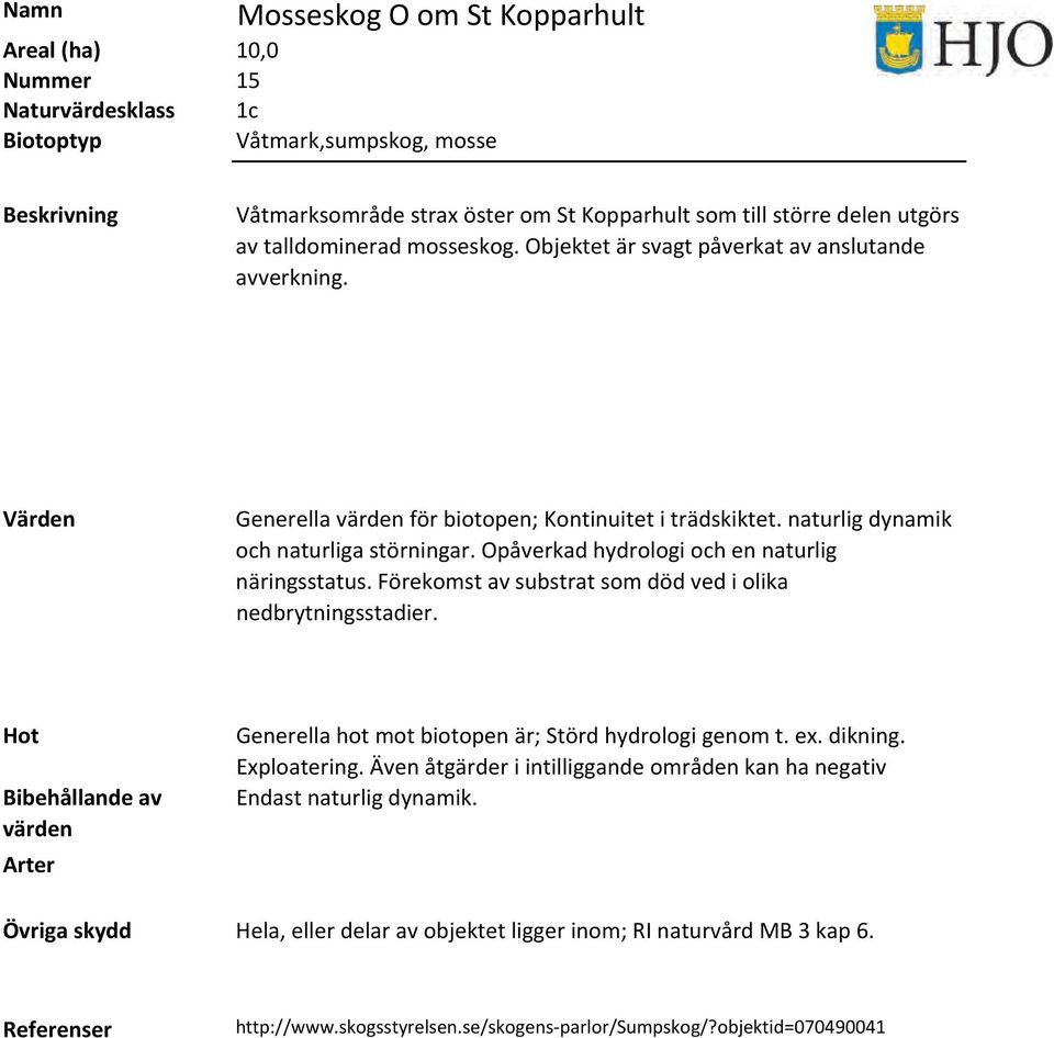 Opåverkad hydrologi och en naturlig näringsstatus. Förekomst av substrat som död ved i olika nedbrytningsstadier. Generella hot mot biotopen är; Störd hydrologi genom t. ex. dikning.