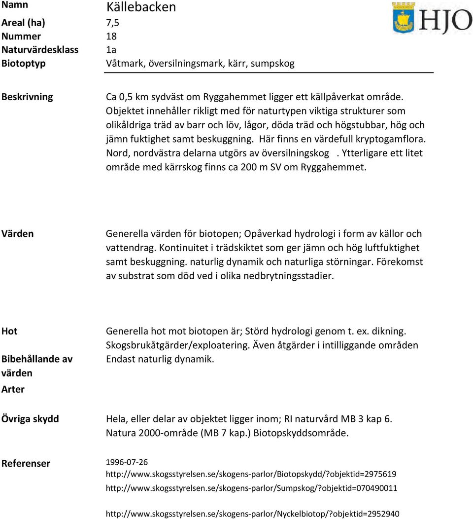 Här finns en värdefull kryptogamflora. Nord, nordvästra delarna utgörs av översilningskog. Ytterligare ett litet område med kärrskog finns ca 200 m SV om Ryggahemmet.