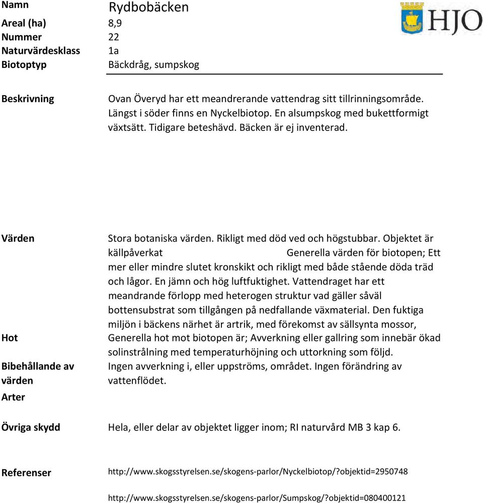Objektet är källpåverkat Generella för biotopen; Ett mer eller mindre slutet kronskikt och rikligt med både stående döda träd och lågor. En jämn och hög luftfuktighet.