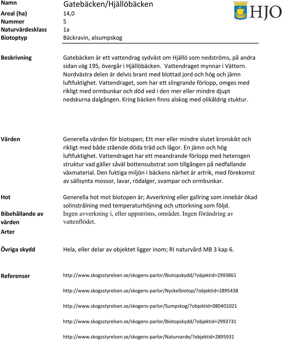 Vattendraget, som har ett slingrande förlopp, omges med rikligt med ormbunkar och död ved i den mer eller mindre djupt nedskurna dalgången. Kring bäcken finns alskog med olikåldrig stuktur.