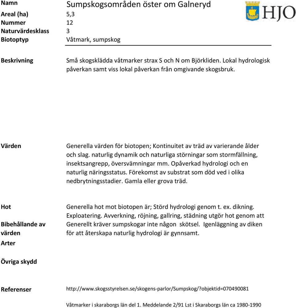 Opåverkad hydrologi och en naturlig näringsstatus. Förekomst av substrat som död ved i olika nedbrytningsstadier. Gamla eller grova träd. Generella hot mot biotopen är; Störd hydrologi genom t. ex.