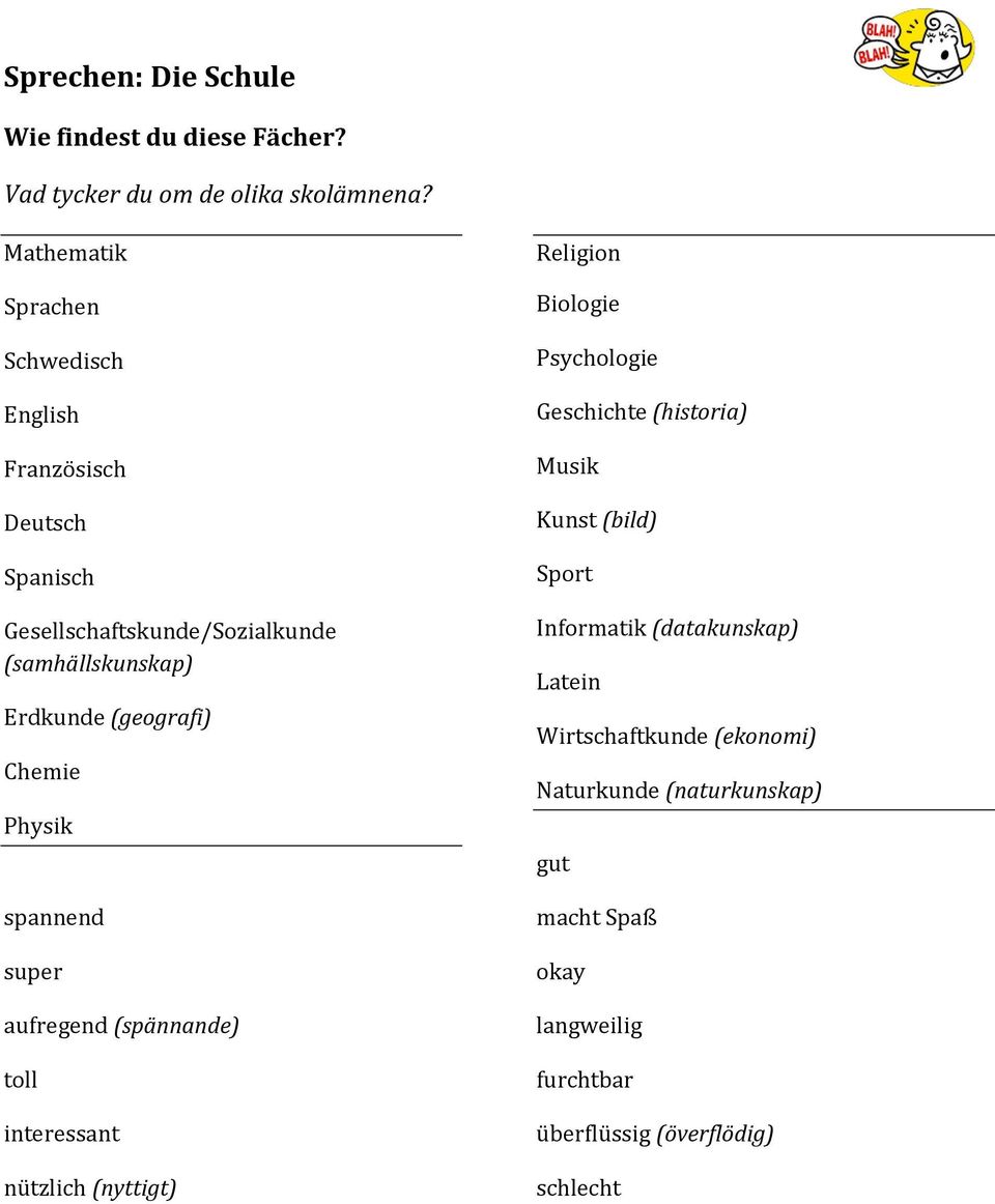 Chemie Physik spannend super aufregend (spännande) toll interessant nützlich (nyttigt) Religion Biologie Psychologie Geschichte