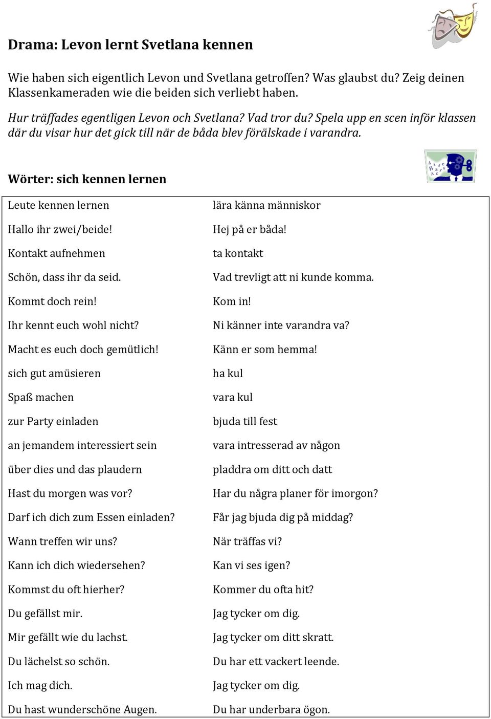 Wörter: sich kennen lernen Leute kennen lernen Hallo ihr zwei/beide! Kontakt aufnehmen Schön, dass ihr da seid. Kommt doch rein! Ihr kennt euch wohl nicht? Macht es euch doch gemütlich!