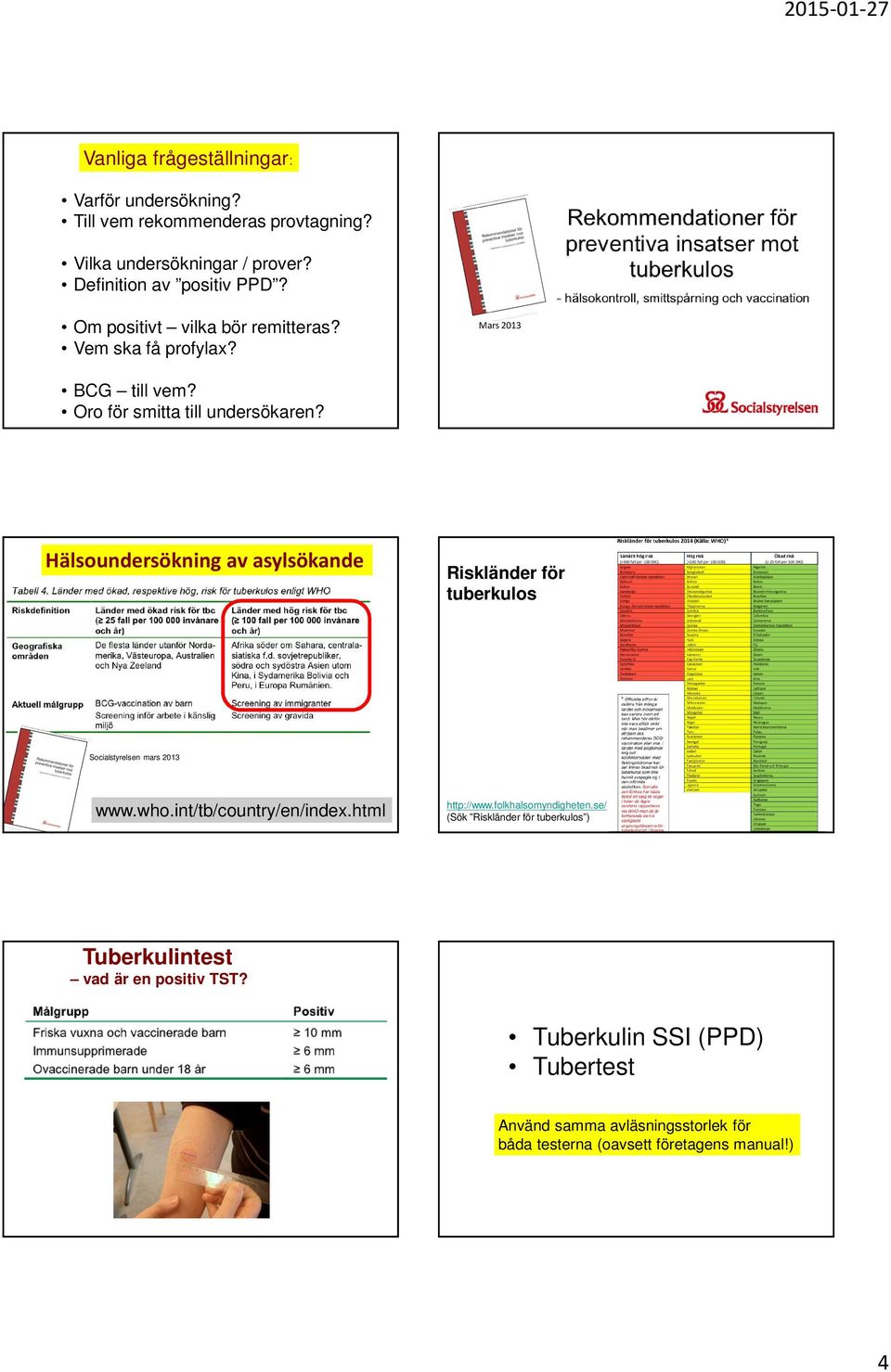 Hälsoundersökning av asylsökande Riskländer för tuberkulos Socialstyrelsen mars 2013 www.who.int/tb/country/en/index.html http://www.