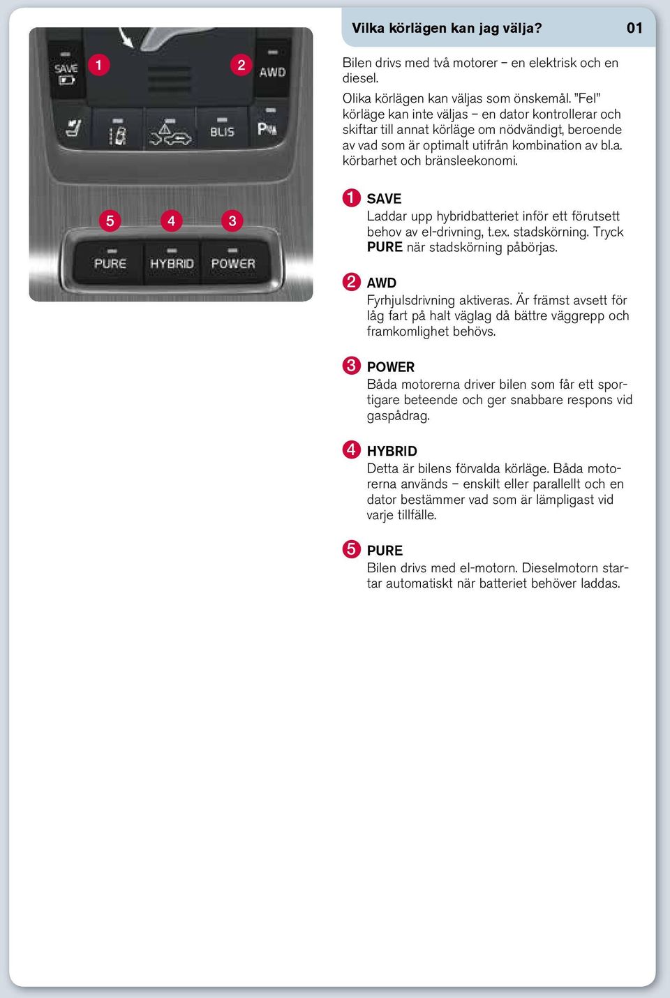 1 SAVE Laddar upp hybridbatteriet inför ett förutsett behov av el-drivning, t.ex. stadskörning. Tryck PURE när stadskörning påbörjas. 2 AWD Fyrhjulsdrivning aktiveras.