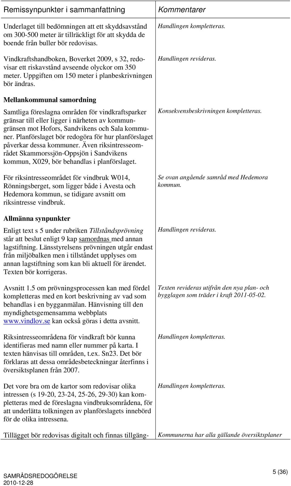 Mellankommunal samordning Samtliga föreslagna områden för vindkraftsparker gränsar till eller ligger i närheten av kommungränsen mot Hofors, Sandvikens och Sala kommuner.
