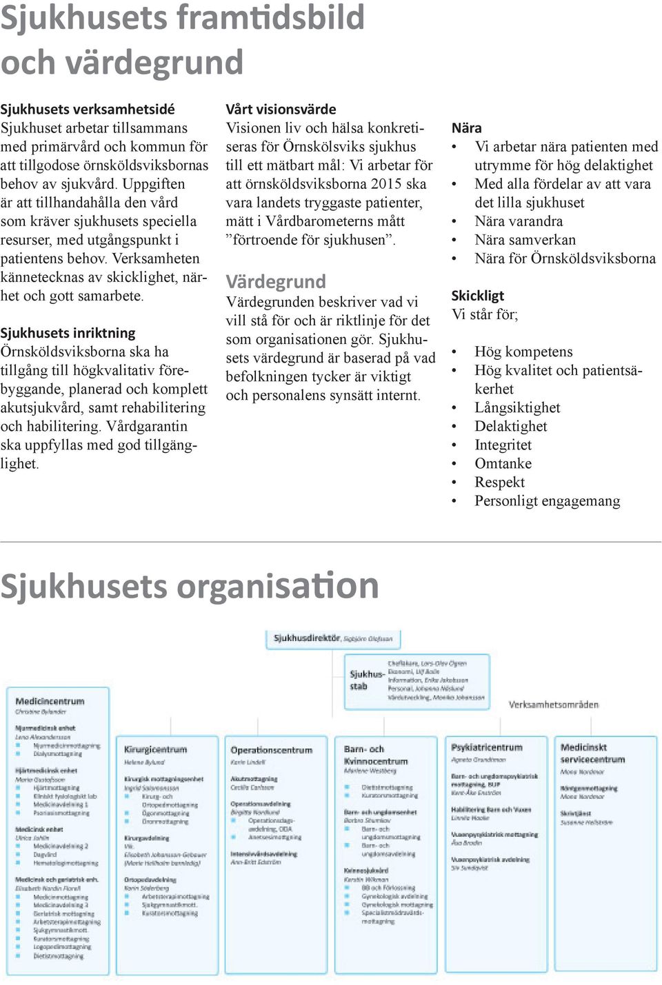 Sjukhusets inriktning Örnsköldsviksborna ska ha tillgång till högkvalitativ förebyggande, planerad och komplett akutsjukvård, samt rehabilitering och habilitering.