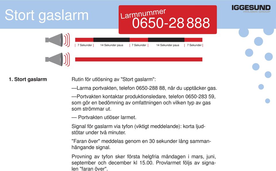 Portvakten kontaktar produktionsledare, telefon 0650-283 59, som gör en bedömning av omfattningen och vilken typ av gas som strömmar ut. Portvakten utlöser larmet.