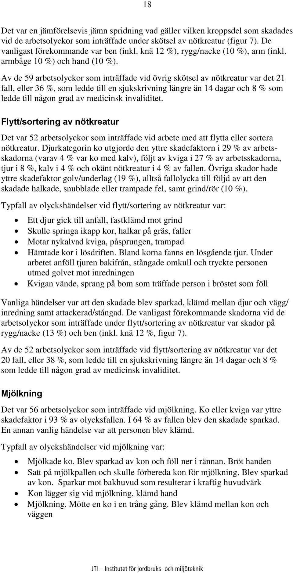 Av de 59 arbetsolyckor som inträffade vid övrig skötsel av nötkreatur var det 21 fall, eller 36 %, som ledde till en sjukskrivning längre än 14 dagar och 8 % som ledde till någon grad av medicinsk