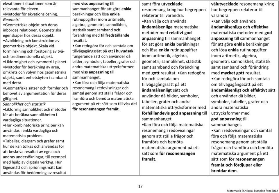 Metoder för beräkning av area, omkrets och volym hos geometriska objekt, samt enhetsbyten i samband med detta. Geometriska satser och formler och behovet av argumentation för deras giltighet.