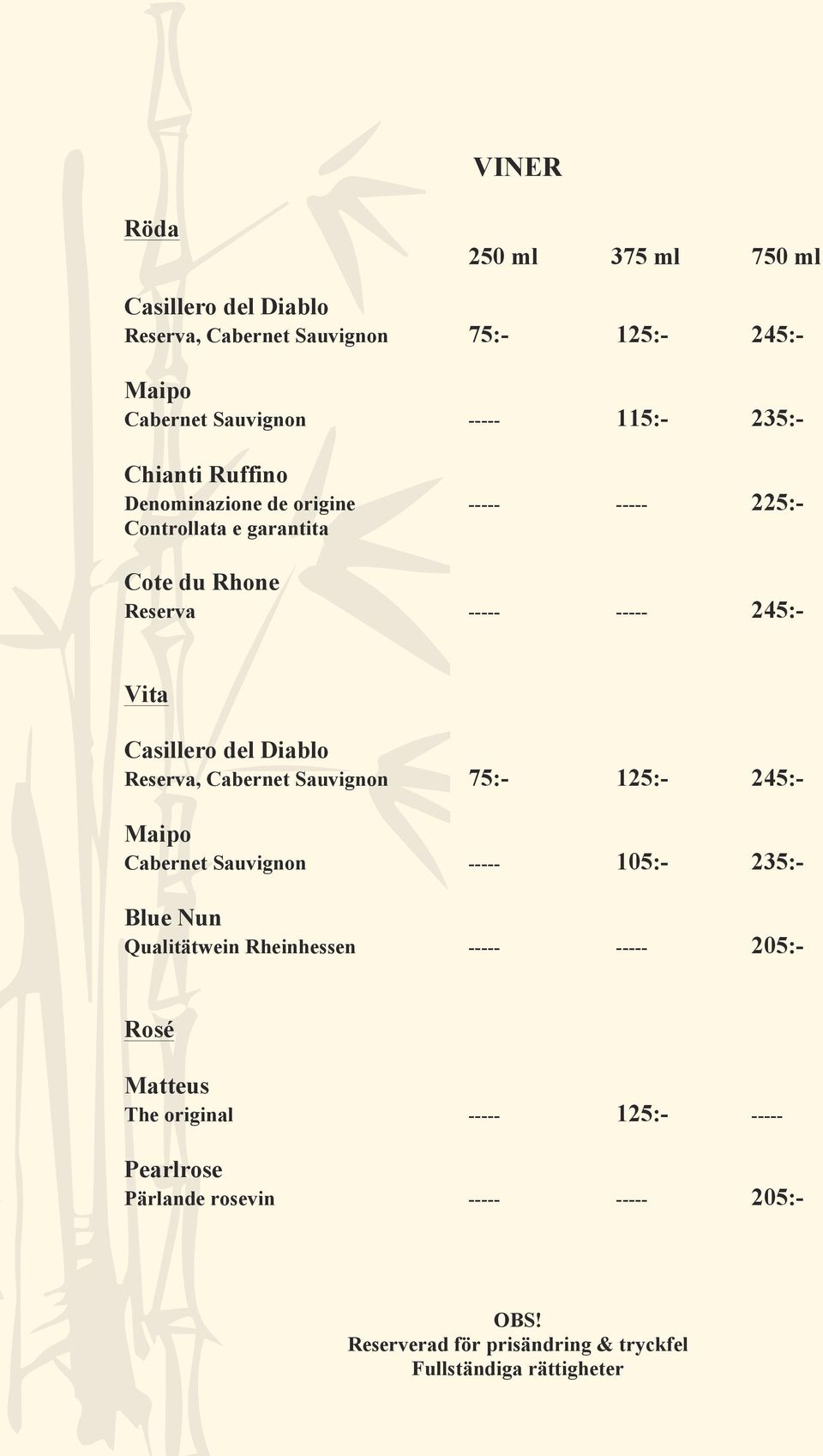 Diablo Reserva, Cabernet Sauvignon 75:- 125:- 245:- Maipo Cabernet Sauvignon ----- 105:- 235:- Blue Nun Qualitätwein Rheinhessen ----- ----- 205:-