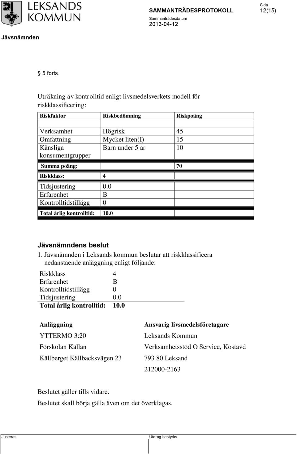 under 5 år 10 Summa poäng: 70 Riskklass: 4 Tidsjustering 0.0 Erfarenhet B Kontrolltidstillägg 0 Total årlig kontrolltid: 10.0 s beslut 1.