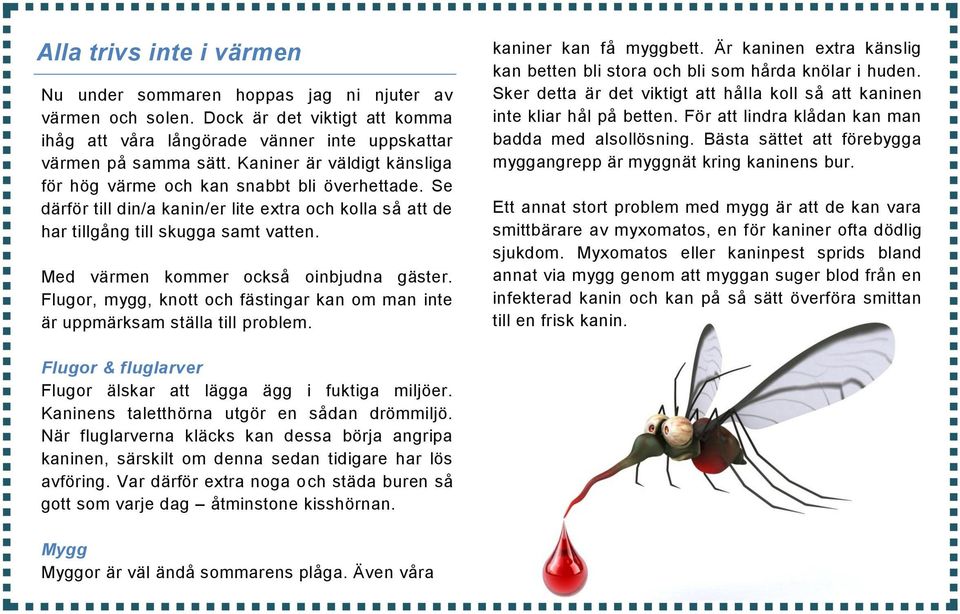 Med värmen kommer också oinbjudna gäster. Flugor, mygg, knott och fästingar kan om man inte är uppmärksam ställa till problem. kaniner kan få myggbett.