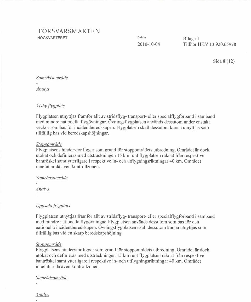 Stoppomrde Flygplatsens hinderytor ligger som grund fr stoppomrdets utbredning, Omrdet r dock utkat och definieras med utstrckningen 15 km runt flygplatsen rknat frn respektive bantrskel samt