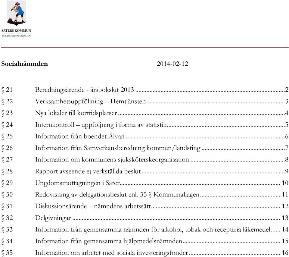 .. 8 28 Rapport avseende ej verkställda beslut... 9 29 Ungdomsmottagningen i Säter... 10 30 Redovisning av delegationsbeslut enl. 35 Kommunallagen... 11 31 Diskussionsärende nämndens arbetssätt.