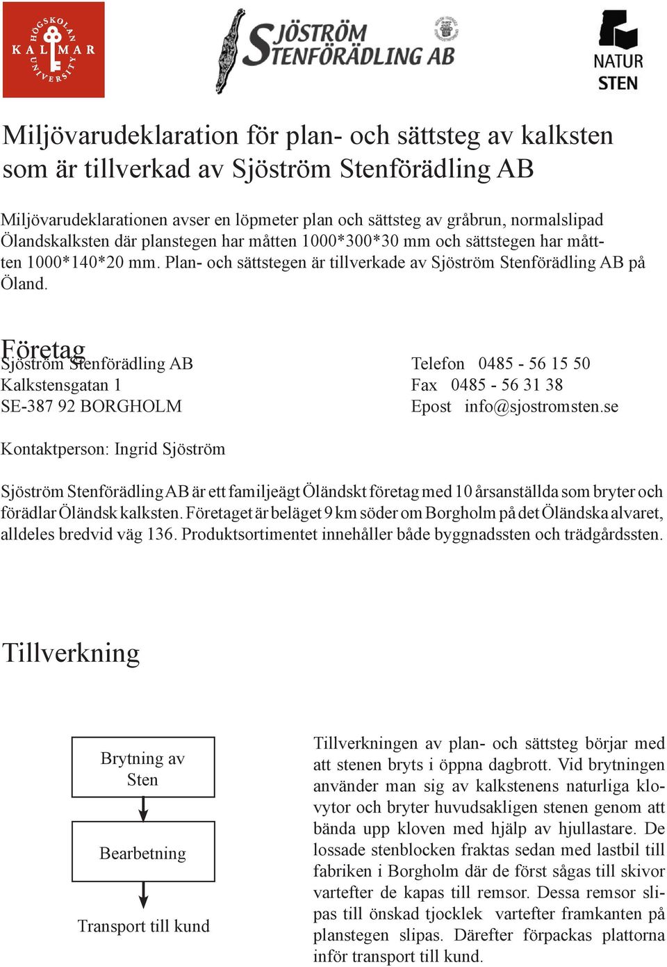 Företag Sjöström Stenförädling AB Telefon 0485-56 15 50 Kalkstensgatan 1 Fax 0485-56 31 38 SE-387 92 BORGHOLM Epost info@sjostromsten.