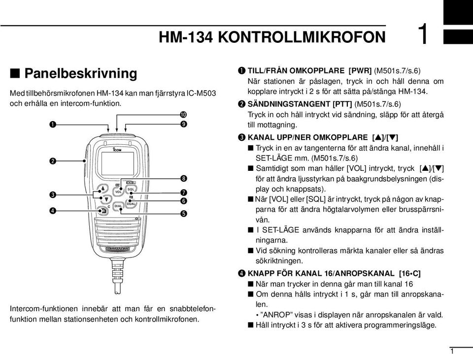 6) När stationen är påslagen, tryck in och håll denna om kopplare intryckt i 2 s för att sätta på/stänga HM-134. w SÄNDNINGSTANGENT [PTT] (M501s.7/s.