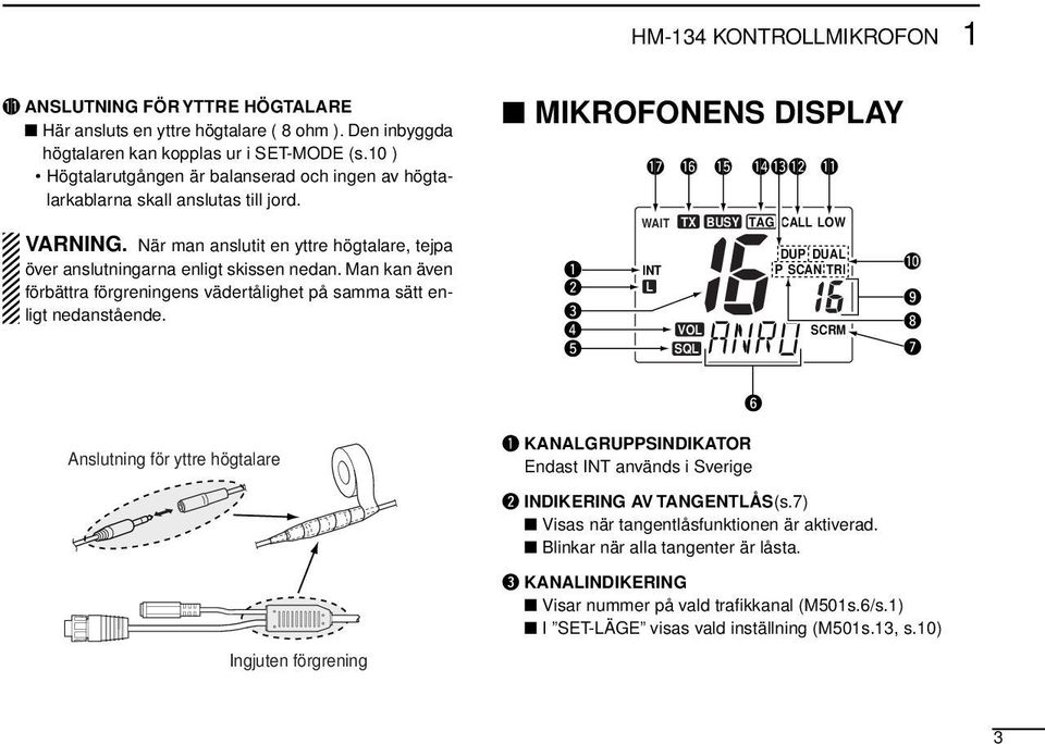Man kan även förbättra förgreningens vädertålighet på samma sätt enligt nedanstående. MIKROFONENS DISPLAY q w e r t!7!6!5!4!3!2!1 WAIT INT L TX VOL SQL BUSY TAG CALL LOW DUP DUAL P SCAN TRI SCRM!