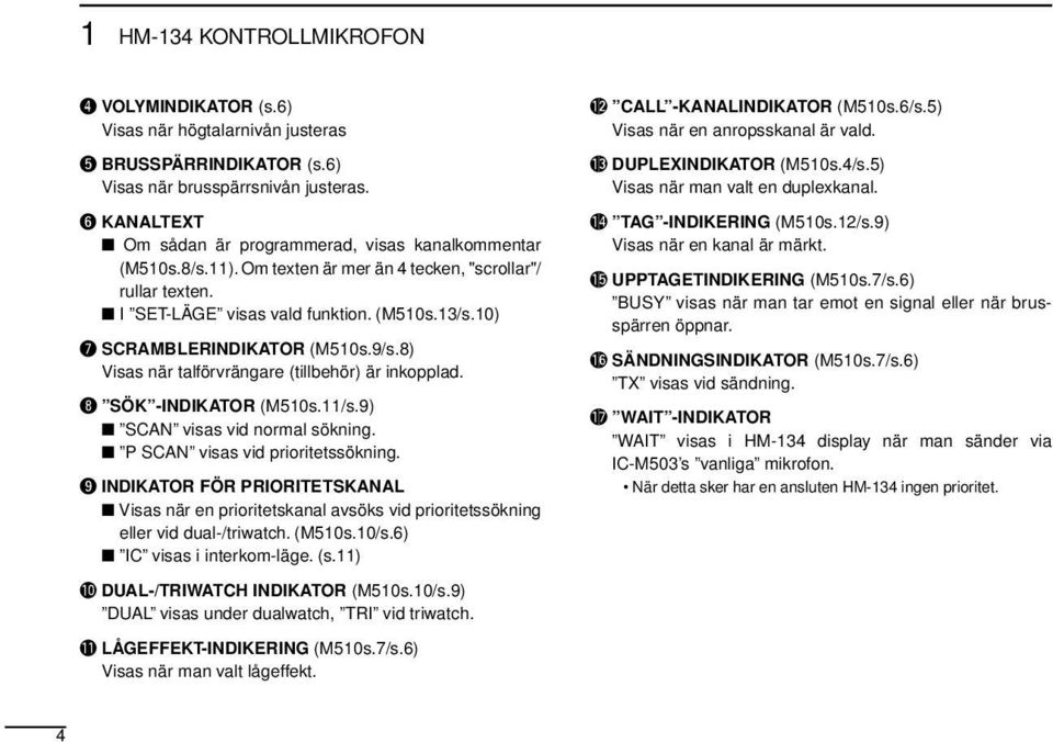 10) u SCRAMBLERINDIKATOR (M510s.9/s.8) Visas när talförvrängare (tillbehör) är inkopplad. i SÖK -INDIKATOR (M510s.11/s.9) SCAN visas vid normal sökning. P SCAN visas vid prioritetssökning.