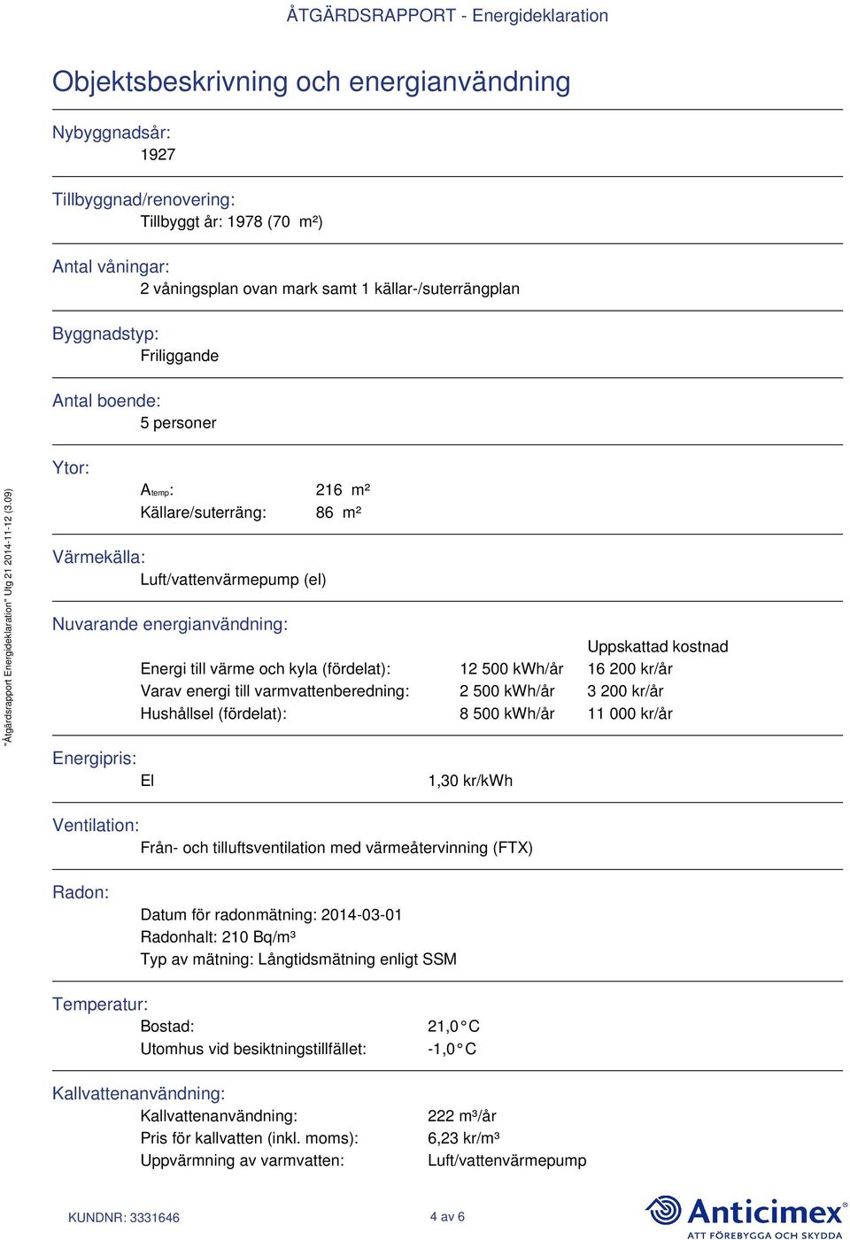 (fördelat): 12 500 kwh/år 16 200 kr/år Varav energi till varmvattenberedning: 2 500 kwh/år 3 200 kr/år Hushållsel (fördelat): 8 500 kwh/år 11 000 kr/år Energipris: El 1,30 kr/kwh Ventilation: Från-