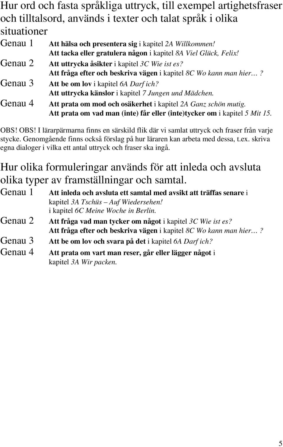 Att be om lov i kapitel 6A Darf ich? Att uttrycka känslor i kapitel 7 Jungen und Mädchen. Att prata om mod och osäkerhet i kapitel 2A Ganz schön mutig.