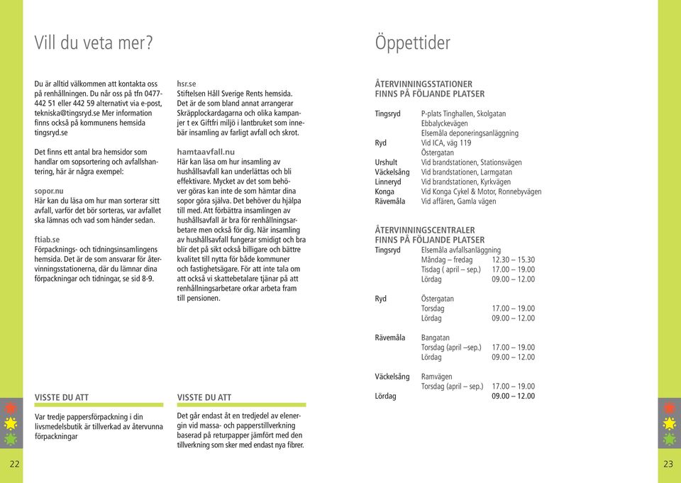 nu Här kan du läsa om hur man sorterar sitt avfall, varför det bör sorteras, var avfallet ska lämnas och vad som händer sedan. ftiab.se Förpacknings- och tidningsinsamlingens hemsida.