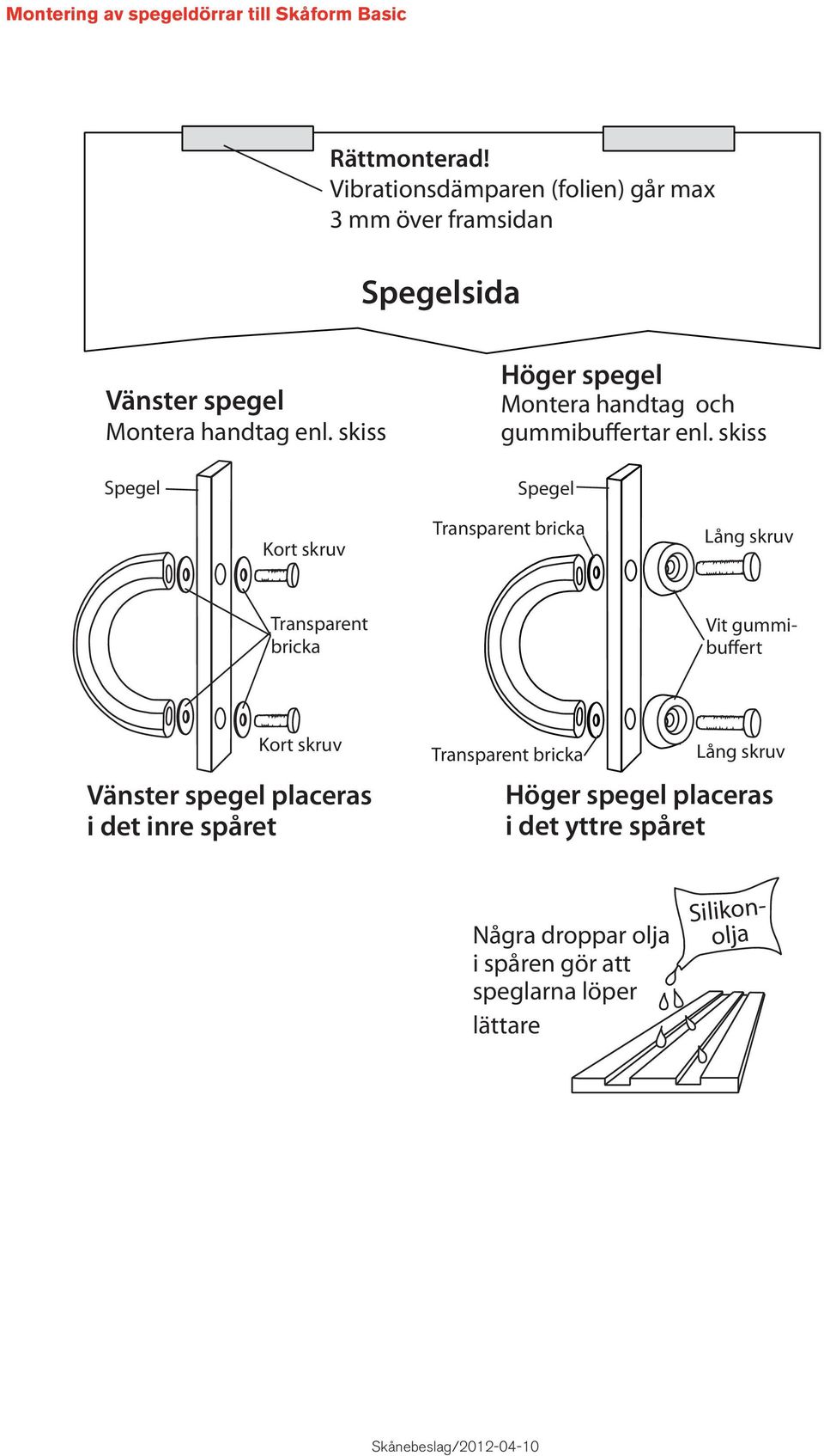 skiss Spegel Höger spegel Montera handtag och gummibuffertar enl.