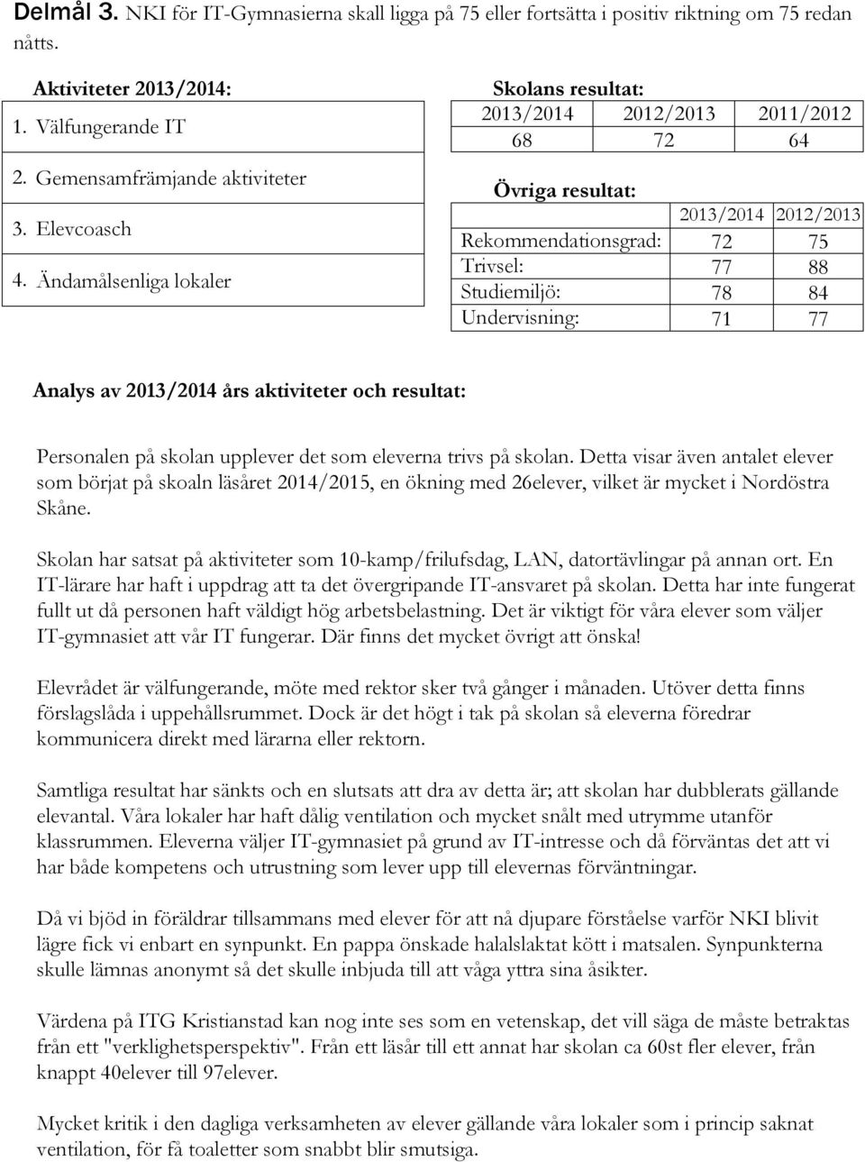 Ändamålsenliga lokaler 2013/2014 2012/2013 Rekommendationsgrad: Trivsel: Studiemiljö: Undervisning: 72 77 78 71 75 88 84 77 Analys av 2013/2014 års aktiviteter och resultat: Personalen på skolan