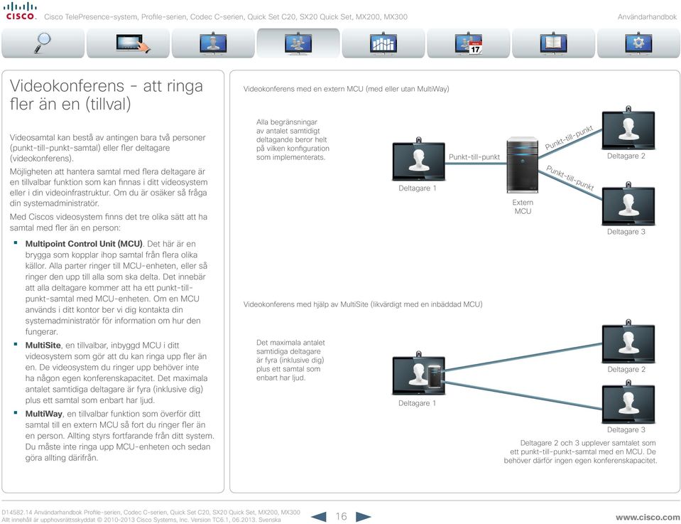 Med Ciscos videosystem finns det tre olika sätt att ha samtal med fler än en person: Multipoint Control Unit (MCU). Det här är en brygga som kopplar ihop samtal från flera olika källor.