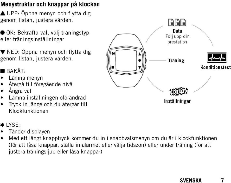 BAKÅT: Lämna menyn Återgå till föregående nivå Ångra val Lämna inställningen oförändrad Tryck in länge och du återgår till Klockfunktionen LYSE: Tänder