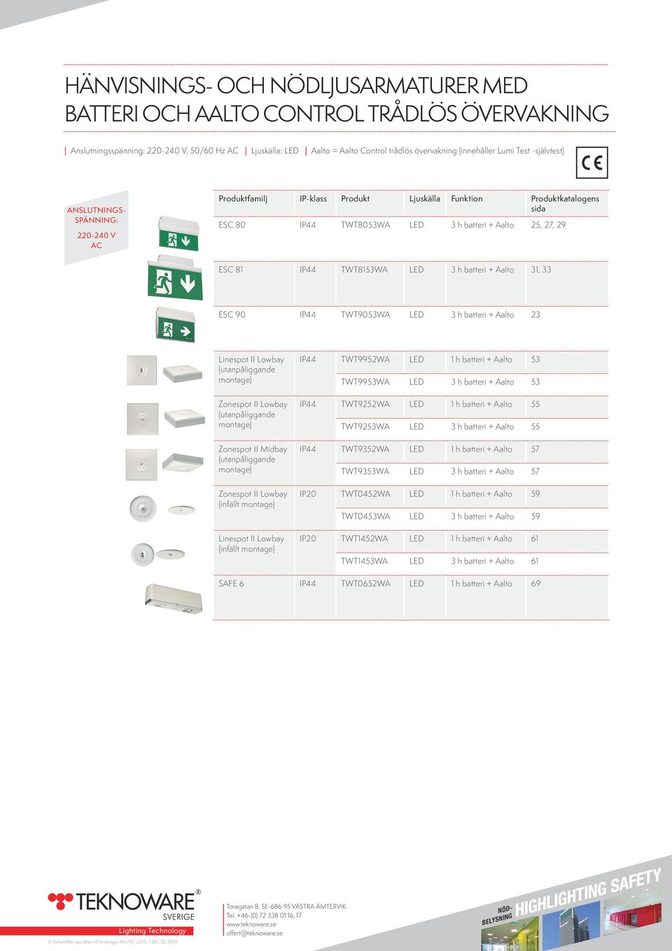 TWT8153WA LED 3 h batteri + Aalto 31, 33 ESC 90 IP44 TWT9053WA LED 3 h batteri + Aalto 23 Zonespot II Midbay (infällt (infällt IP44 TWT9952WA LED 1 h batteri + Aalto 53 TWT9953WA LED 3 h batteri +