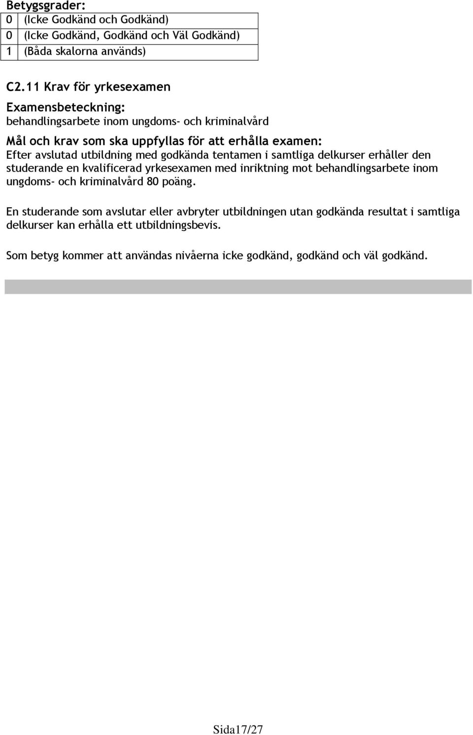 utbildning med godkända tentamen i samtliga delkurser erhåller den studerande en kvalificerad yrkesexamen med inriktning mot behandlingsarbete inom ungdoms- och