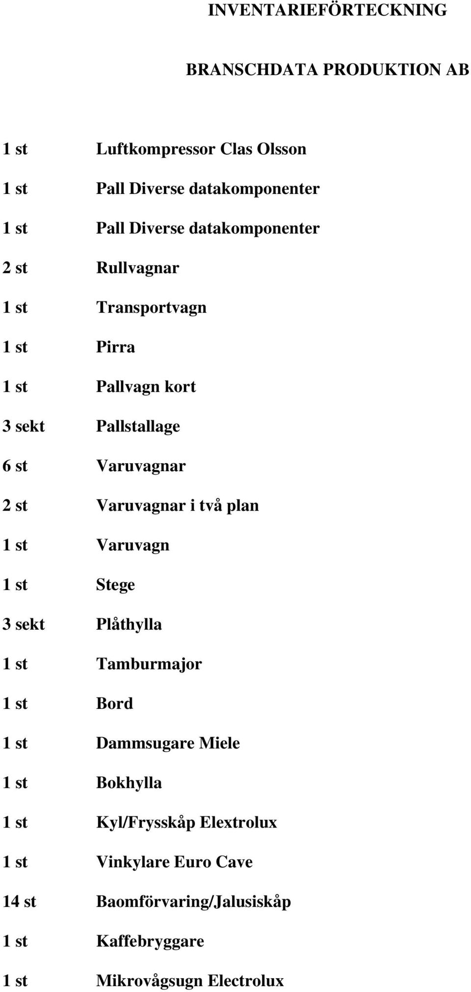 st Varuvagnar i två plan 1 st Varuvagn 1 st Stege 3 sekt Plåthylla 1 st Tamburmajor 1 st Bord 1 st Dammsugare Miele 1 st