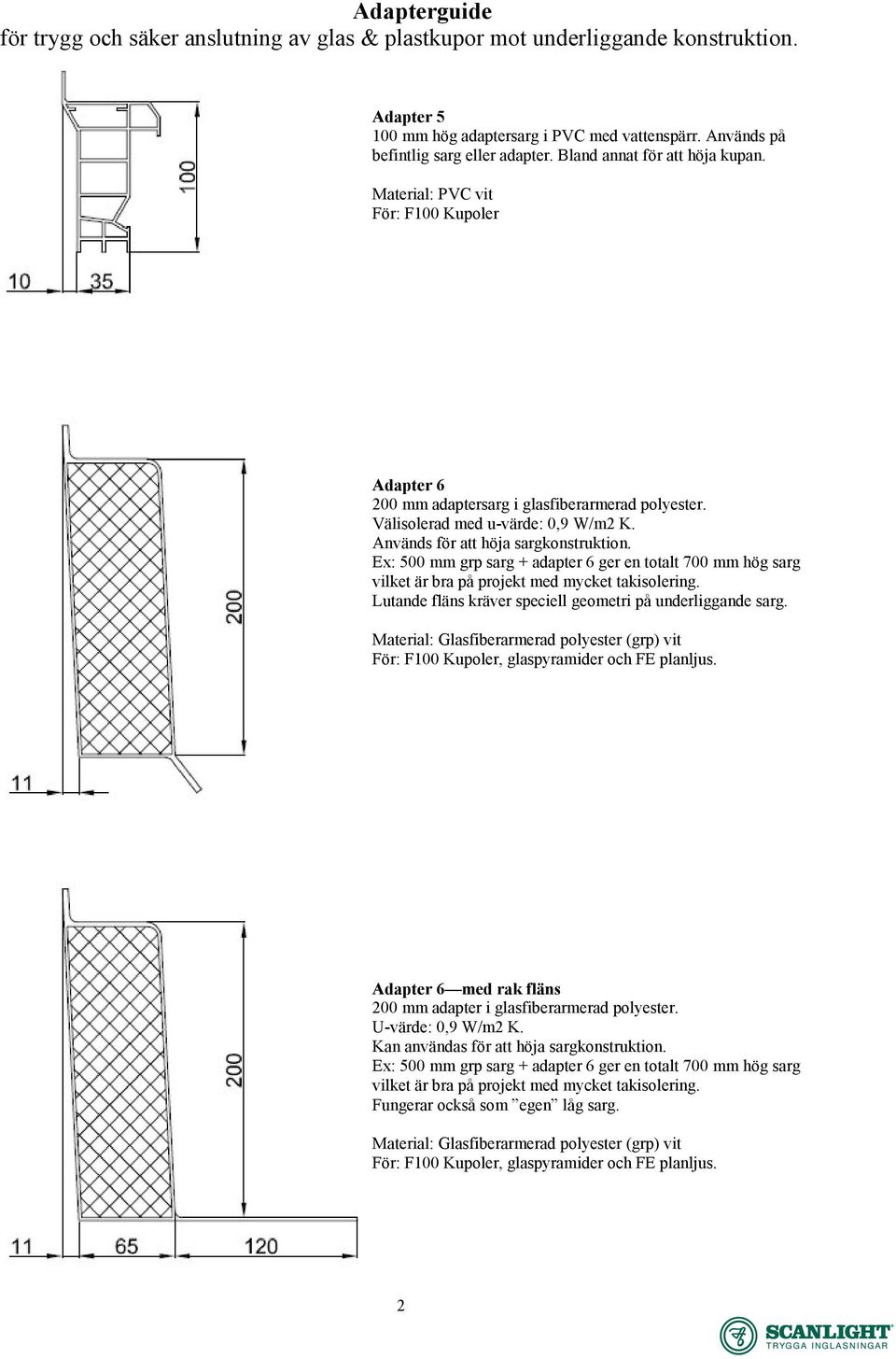 Ex: 500 mm grp sarg + adapter 6 ger en totalt 700 mm hög sarg vilket är bra på projekt med mycket takisolering. Lutande fläns kräver speciell geometri på underliggande sarg.