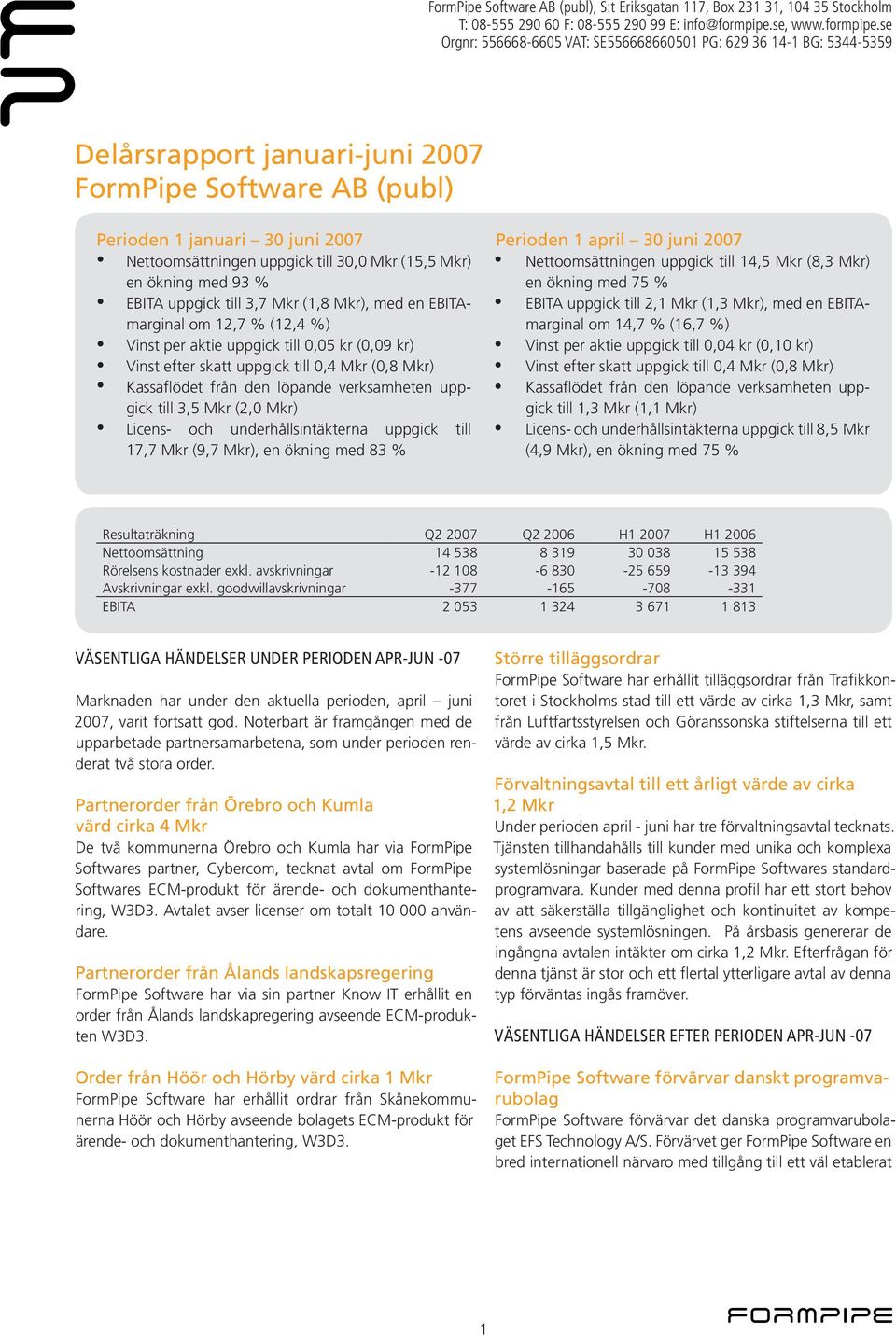 se Orgnr: 556668-6605 VAT: SE556668660501 PG: 629 36 14-1 BG: 5344-5359 Delårsrapport januari-juni 2007 FormPipe Software AB (publ) Perioden 1 januari 30 juni 2007 Perioden 1 april 30 juni 2007