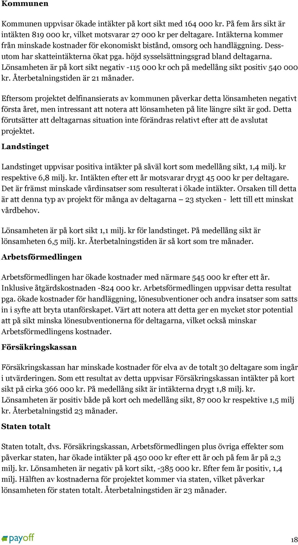 Lönsamheten är på kort sikt negativ -115 000 kr och på medellång sikt positiv 540 000 kr. Återbetalningstiden är 21 månader.