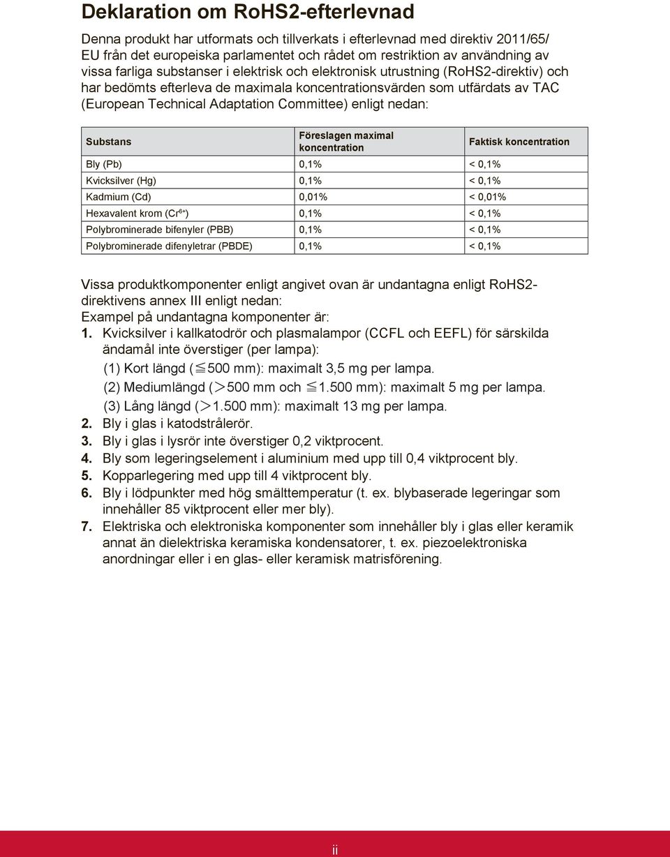 enligt nedan: Substans Föreslagen maximal koncentration Faktisk koncentration Bly (Pb) 0,1% < 0,1% Kvicksilver (Hg) 0,1% < 0,1% Kadmium (Cd) 0,01% < 0,01% Hexavalent krom (Cr 6+ ) 0,1% < 0,1%