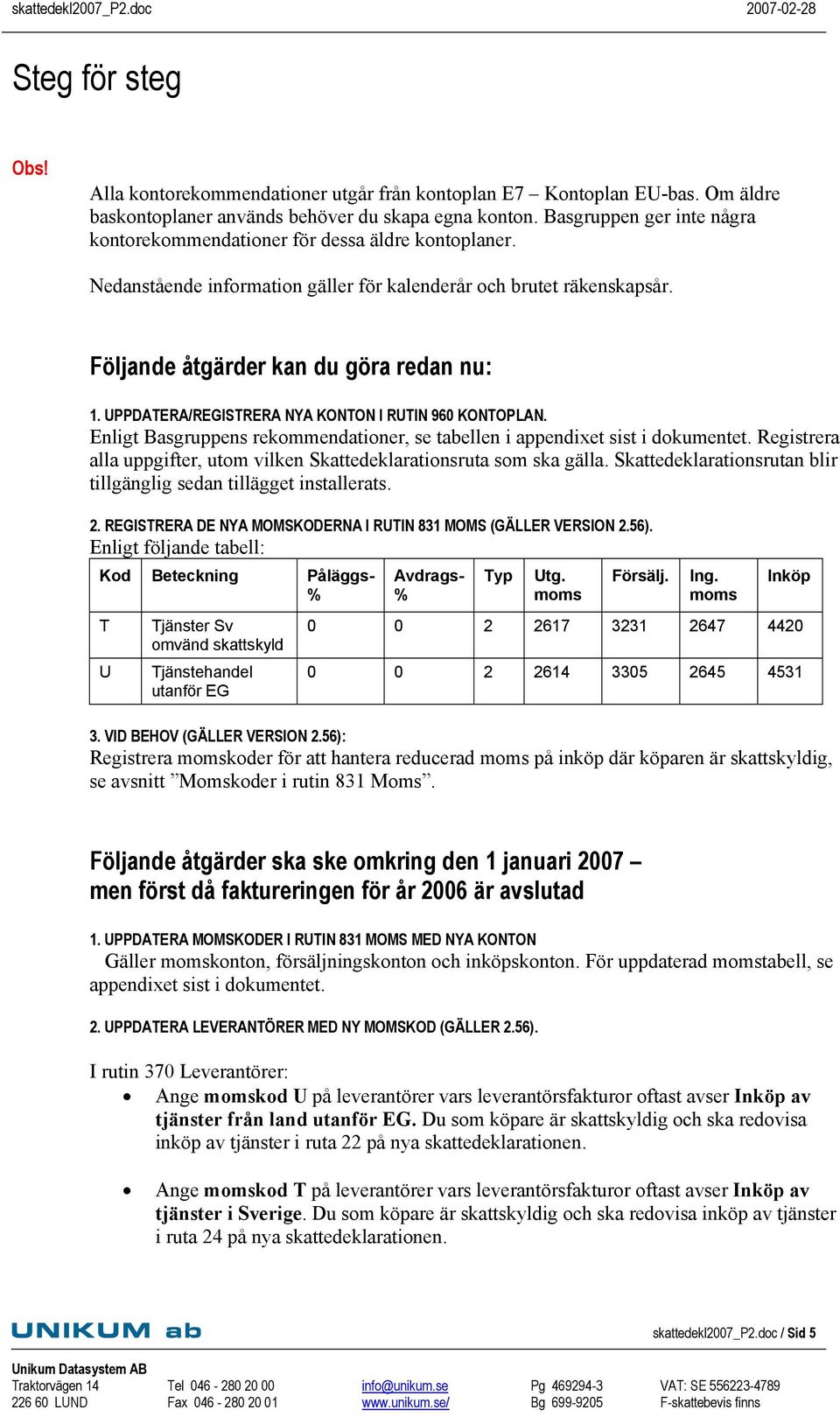 UPPDATERA/REGISTRERA NYA KONTON I RUTIN 960 KONTOPLAN. Enligt Basgruppens rekommendationer, se tabellen i appendixet sist i dokumentet.