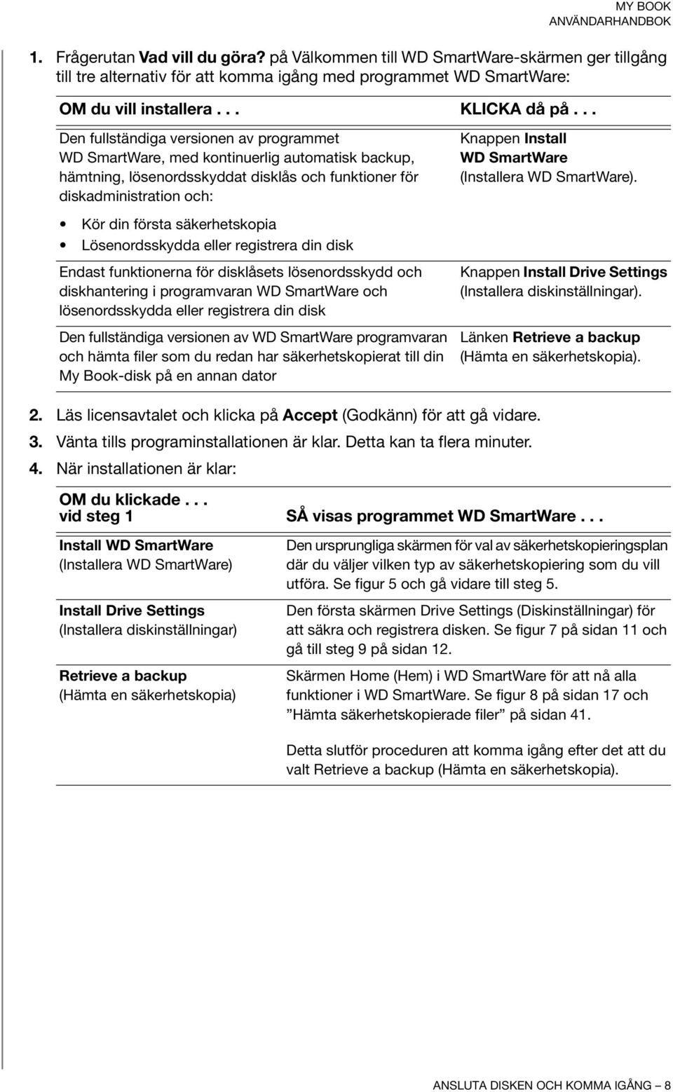 säkerhetskopia Lösenordsskydda eller registrera din disk Endast funktionerna för disklåsets lösenordsskydd och diskhantering i programvaran WD SmartWare och lösenordsskydda eller registrera din disk