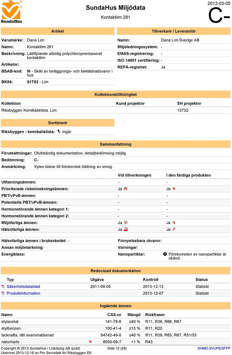 REPA-registret: Ja Kollektionstillhörighet Kollektion Kund projektnr SH projektnr Riksbyggen Kemikalielista, Lim 13732 Sortiment Riksbyggen - kemikalielista: Ingår Sammanfattning Förutsättningar: