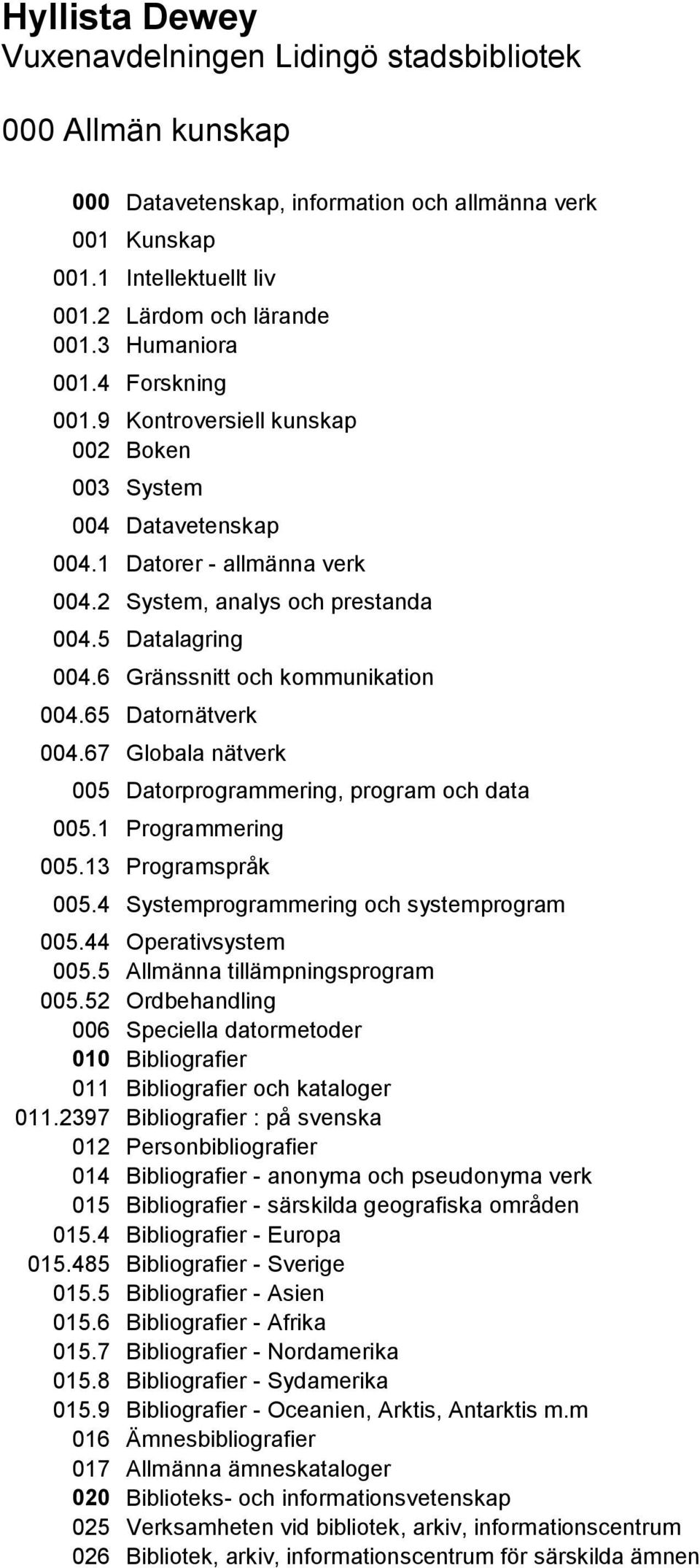 6 Gränssnitt och kommunikation 004.65 Datornätverk 004.67 Globala nätverk 005 Datorprogrammering, program och data 005.1 Programmering 005.13 Programspråk 005.