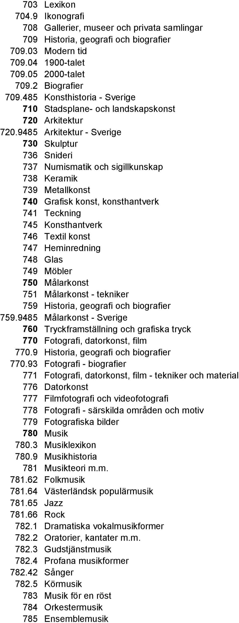 9485 Arkitektur - Sverige 730 Skulptur 736 Snideri 737 Numismatik och sigillkunskap 738 Keramik 739 Metallkonst 740 Grafisk konst, konsthantverk 741 Teckning 745 Konsthantverk 746 Textil konst 747