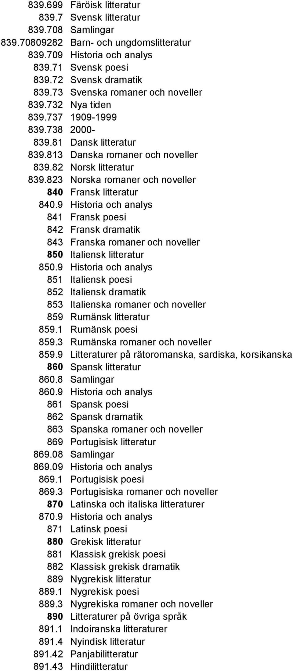 823 Norska romaner och noveller 840 Fransk litteratur 840.9 Historia och analys 841 Fransk poesi 842 Fransk dramatik 843 Franska romaner och noveller 850 Italiensk litteratur 850.