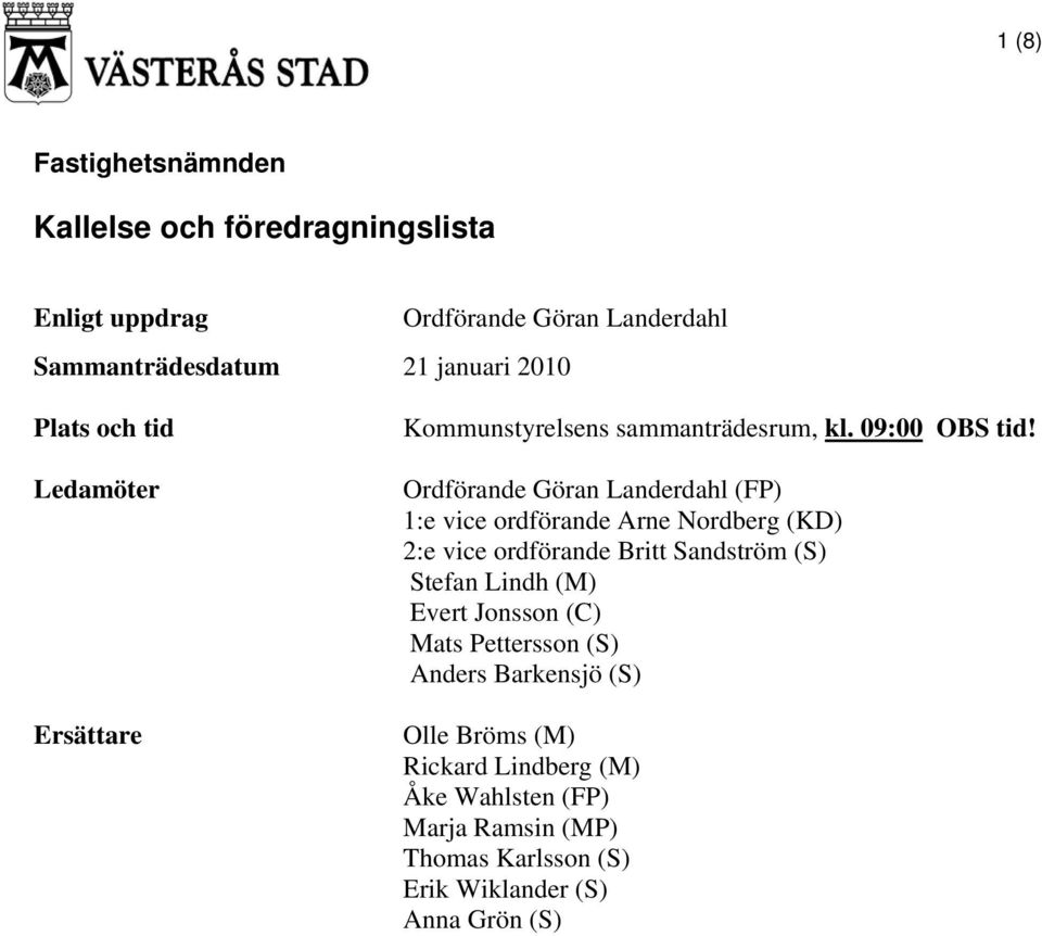 Ordförande Göran Landerdahl (FP) 1:e vice ordförande Arne Nordberg (KD) 2:e vice ordförande Britt Sandström (S) Stefan Lindh (M)