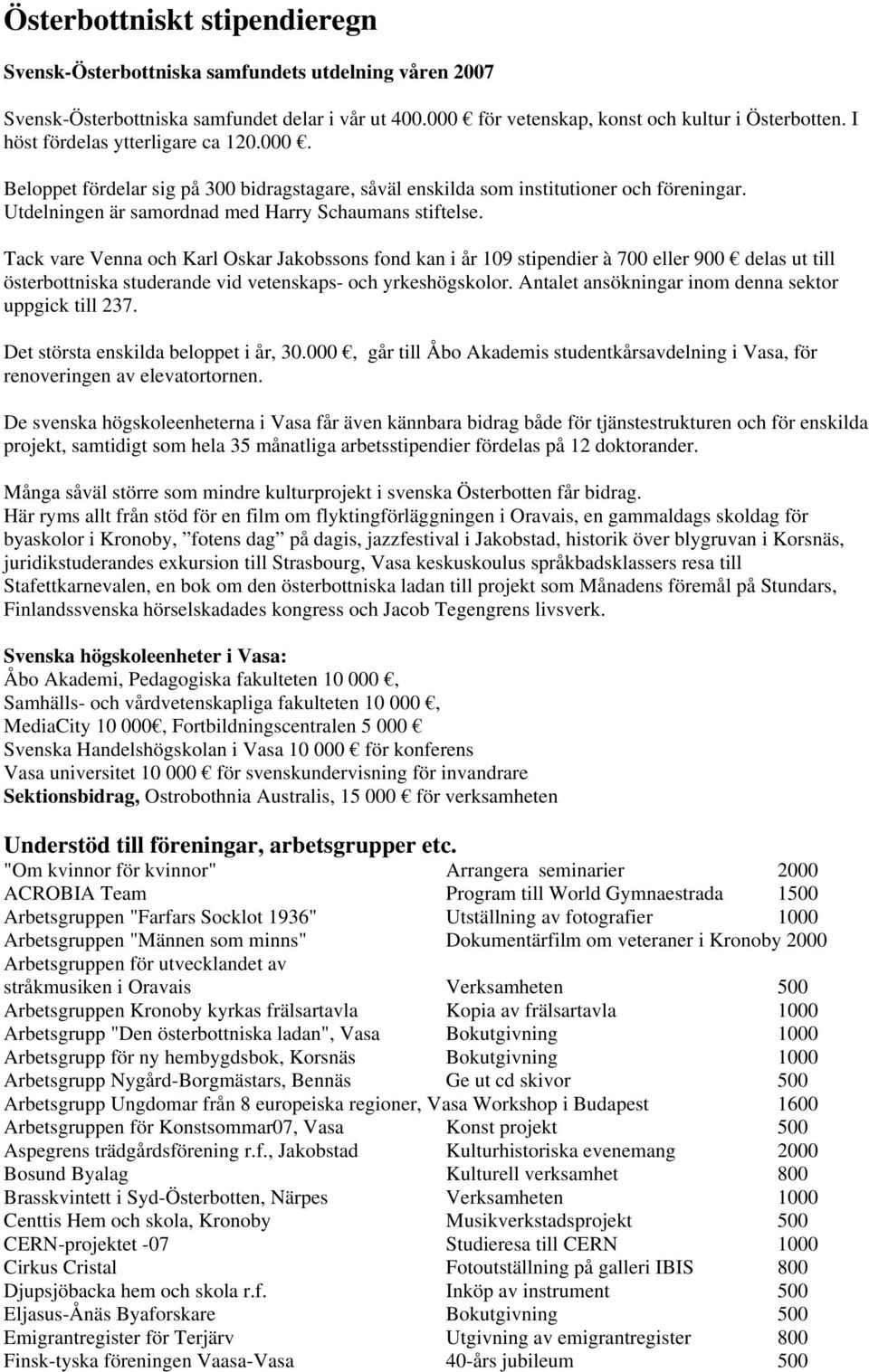 Tack vare Venna och Karl Oskar Jakobssons fond kan i år 109 stipendier à 700 eller 900 delas ut till österbottniska studerande vid vetenskaps- och yrkeshögskolor.