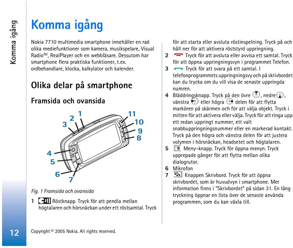 Tryck för att pendla mellan högtalaren och hörsnäckan under ett röstsamtal. Tryck för att starta eller avsluta röstinspelning. Tryck på och håll ner för att aktivera röststyrd uppringning.