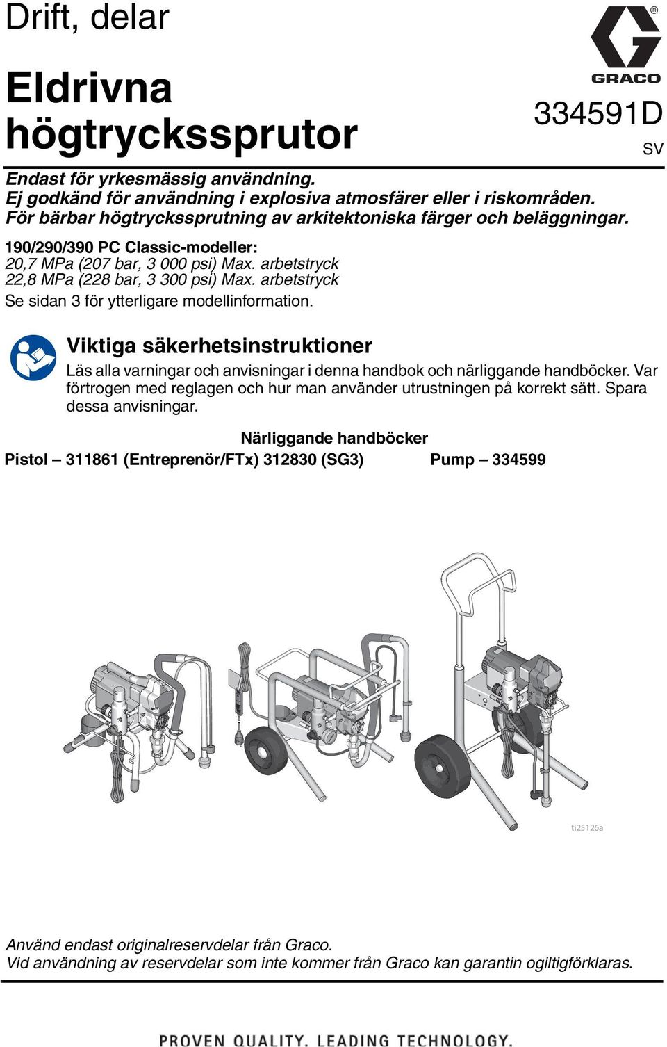 arbetstryck Se sidan 3 för ytterligare modellinformation. Viktiga säkerhetsinstruktioner Läs alla varningar och anvisningar i denna handbok och närliggande handböcker.