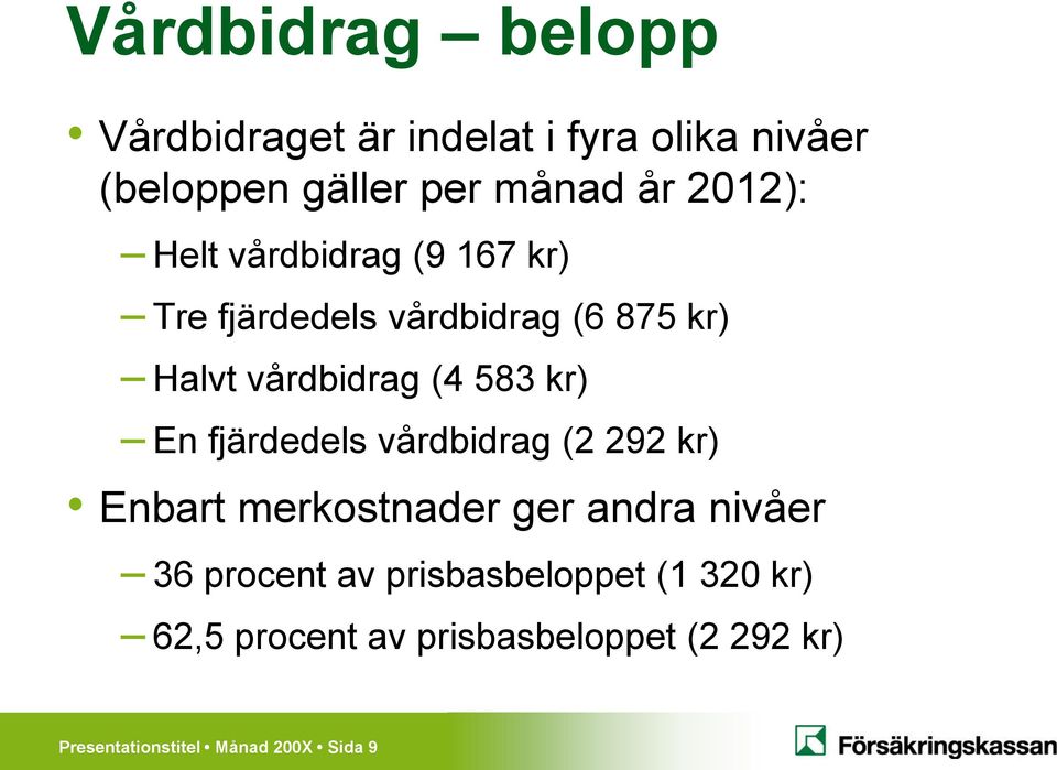 kr) En fjärdedels vårdbidrag (2 292 kr) Enbart merkostnader ger andra nivåer 36 procent av